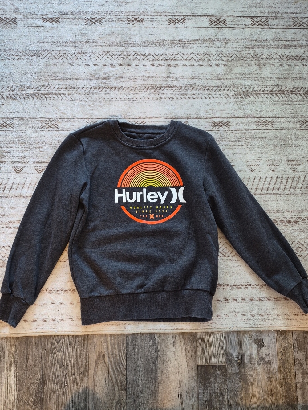 Hurley Charcoal Crewneck Sweatshirt with Orange and Yellow Logo